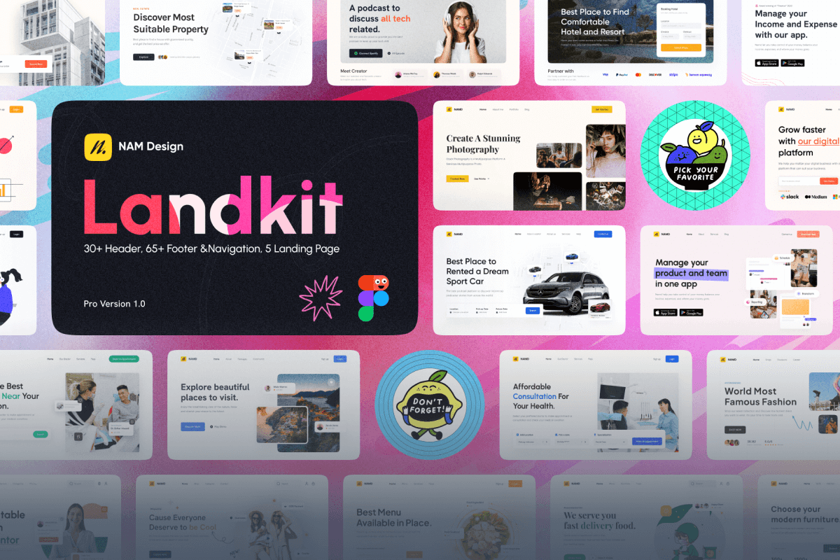 LandKit landing page UI kit featuring clean layouts, modern components, and customizable design system for Figma.