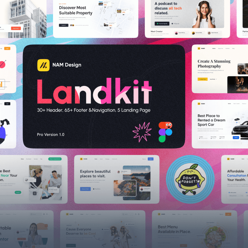 LandKit landing page UI kit featuring clean layouts, modern components, and customizable design system for Figma.