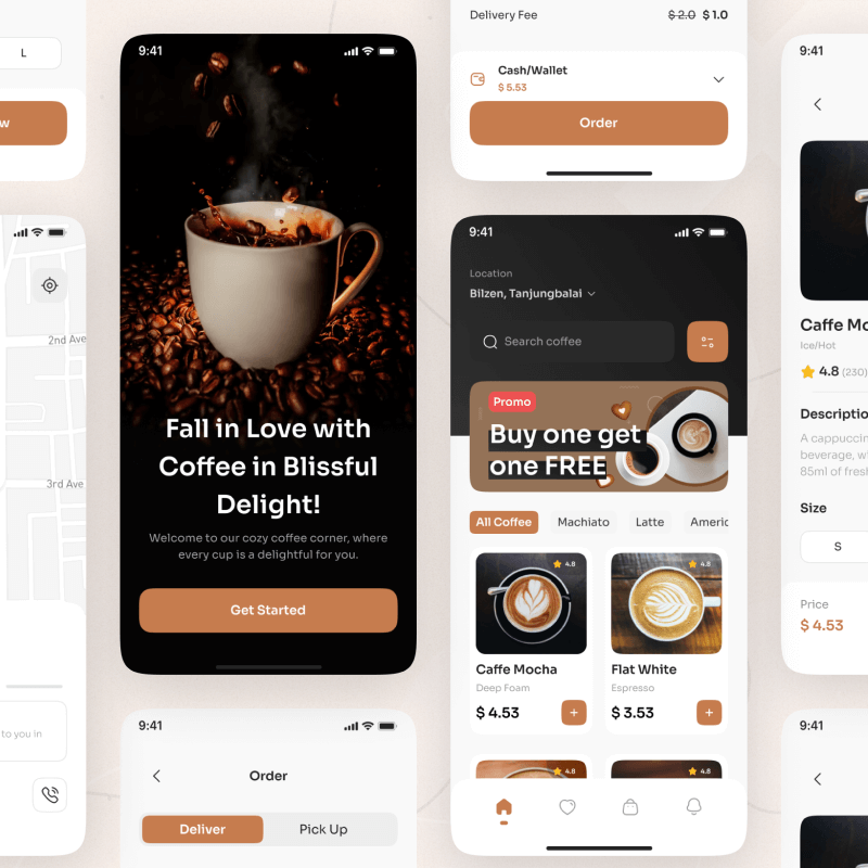 Coffee shop mobile app design showcasing a modern user interface with coffee menu, ordering options, and minimalist layout.