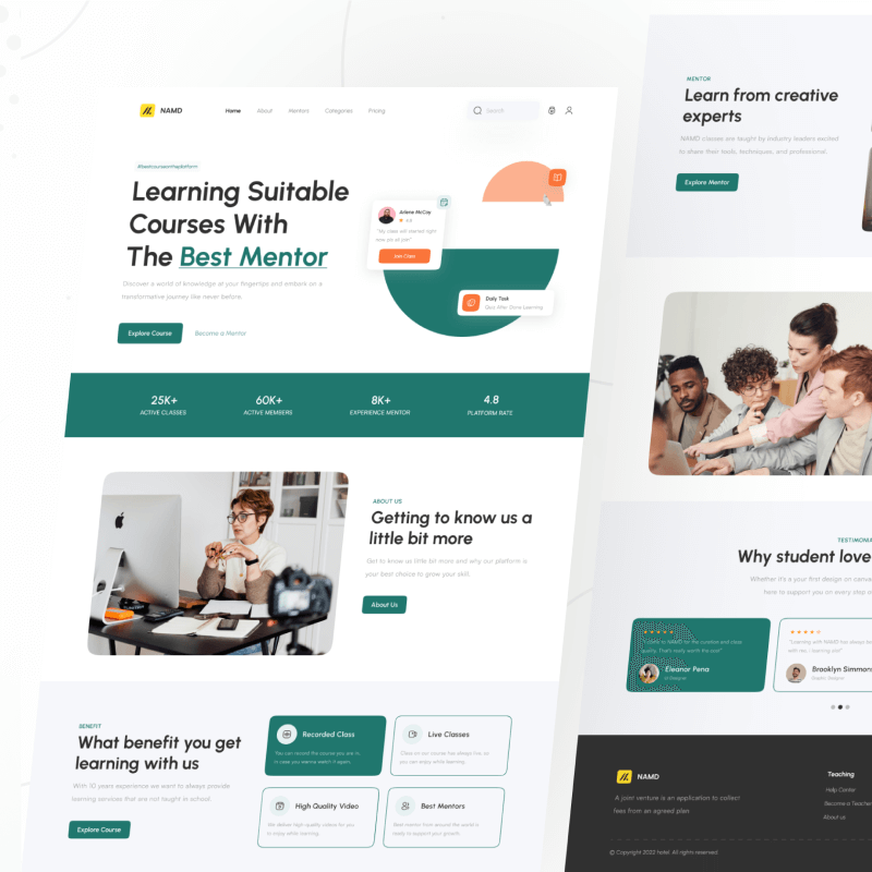 E-learning platform landing page design featuring modern layout, online courses, and engaging educational visuals.