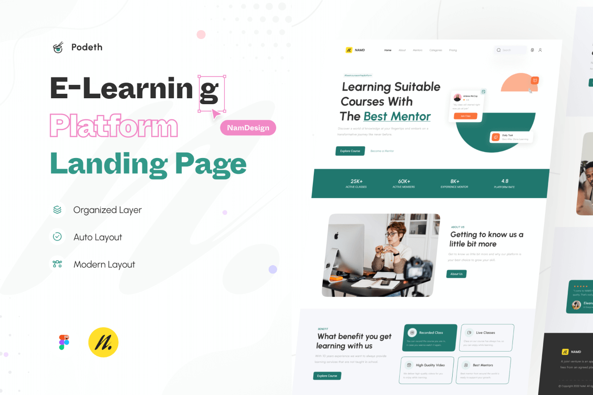 E-learning platform landing page design featuring modern layout, online courses, and engaging educational visuals.