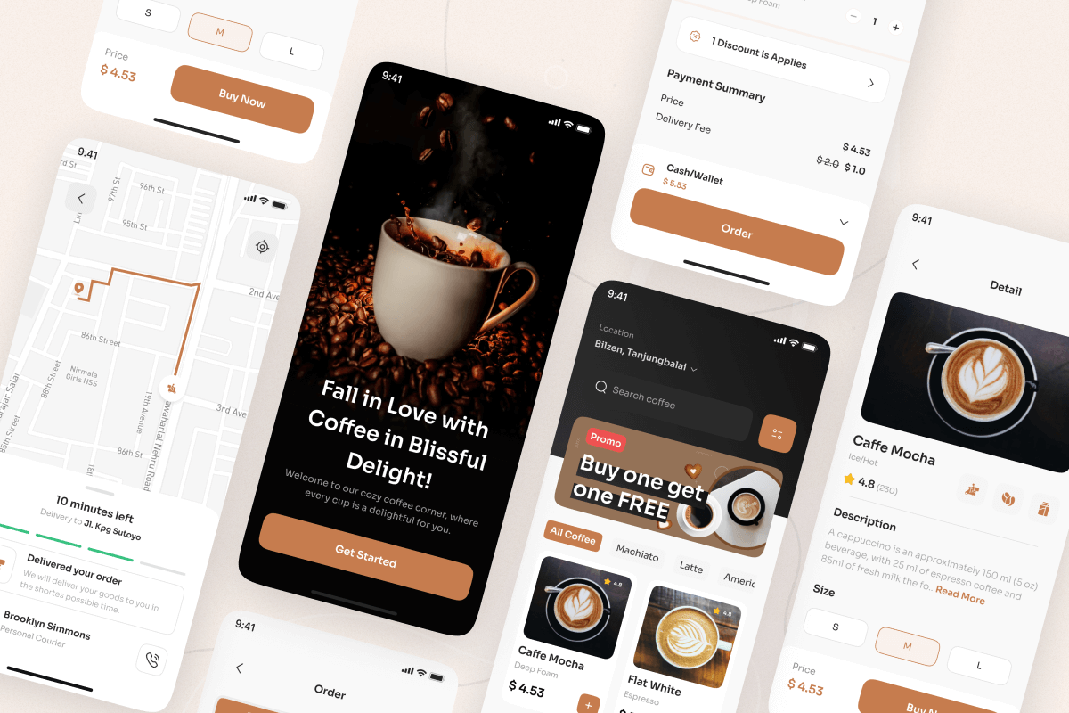 Coffee shop mobile app design showcasing a modern user interface with coffee menu, ordering options, and minimalist layout.