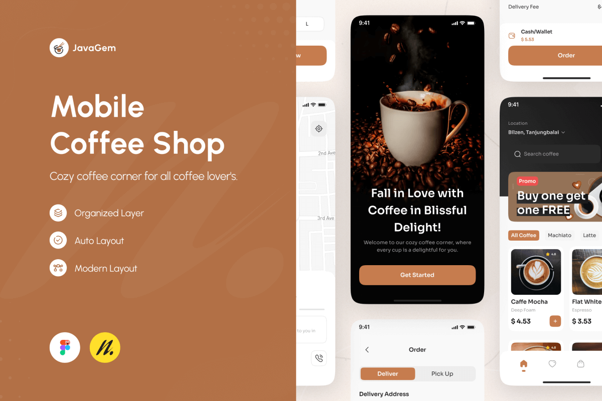 Coffee shop mobile app design showcasing a modern user interface with coffee menu, ordering options, and minimalist layout.