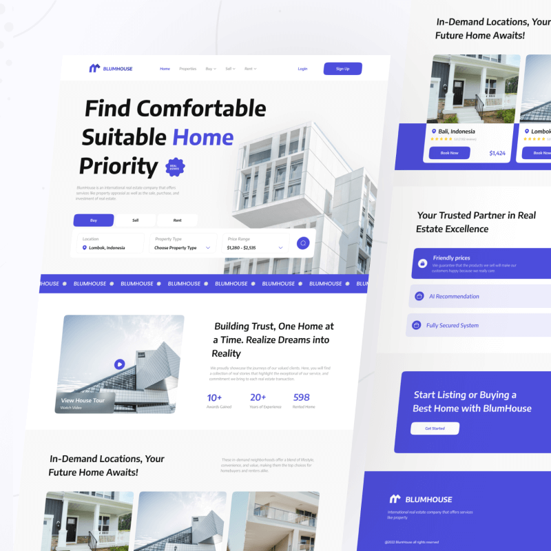 Real estate agency web design showcasing modern property listings, clean layout, and user-friendly interface.