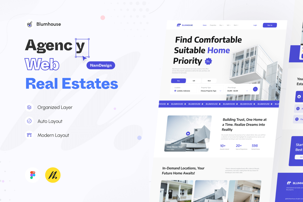 Real estate agency web design showcasing modern property listings, clean layout, and user-friendly interface.